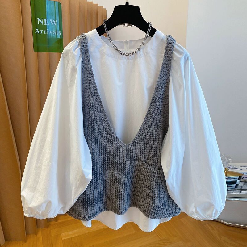 Age-Reducing Knitted Vest Shirt Two-Piece Top for Women, New Style, Loose Layering, Early Autumn Atmosphere Wear