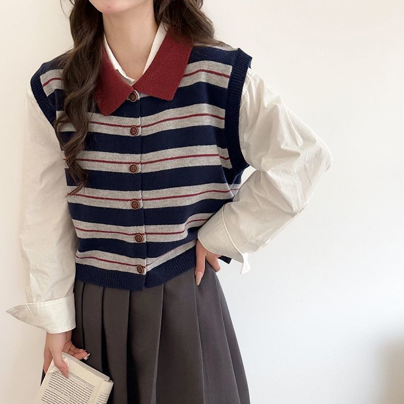Polo Collar Stripesd High-End Design Knitted Vest Women's Vest Spring and Autum New Korean Style Versatile Sweater Top