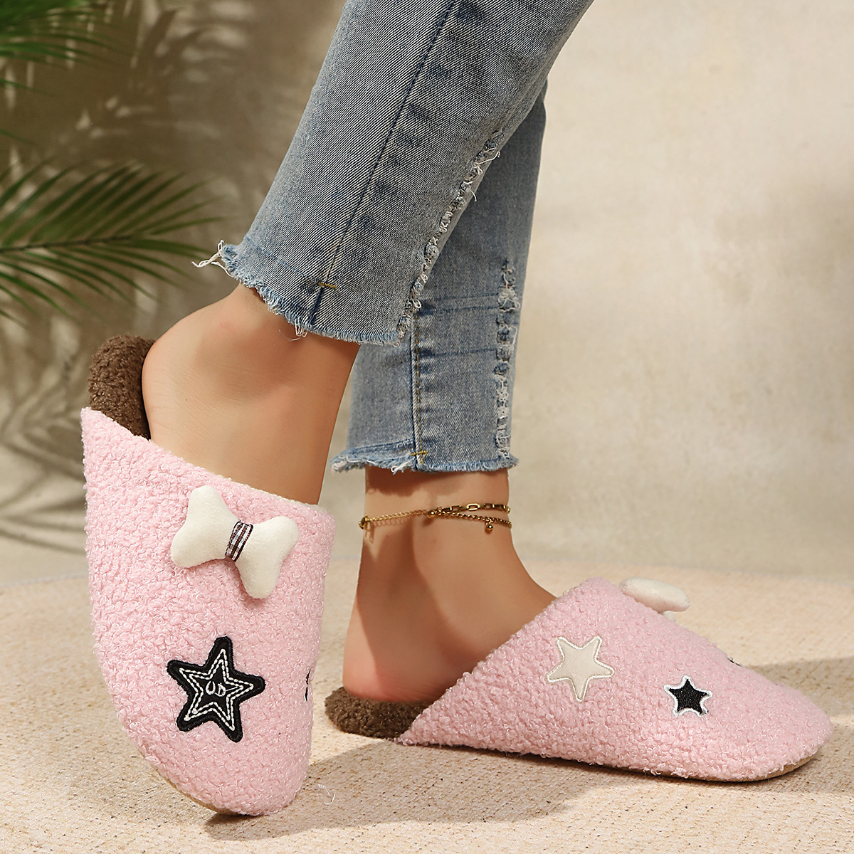 Muebles zapatos de algodón zapatillas peludas mujeres otoño invierno patrón de estrellas para el exterior antideslizante interior zapatos peludos de casa image 5