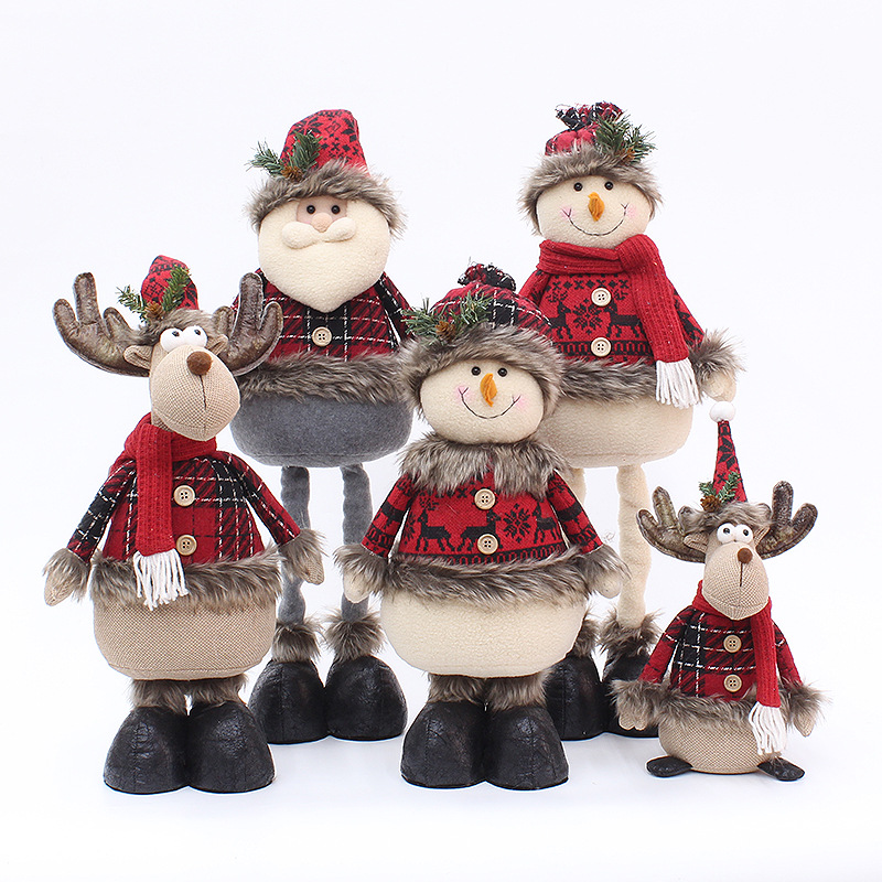 Navidad nuevo largo pelusa tela a cuadros rojos ancianos muñeco de nieve ELK muñeca decoración Navidad decoración suministros