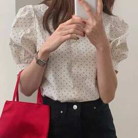 夏季小众简约圆领单排扣正反两穿设计短袖波点衬衫上衣女