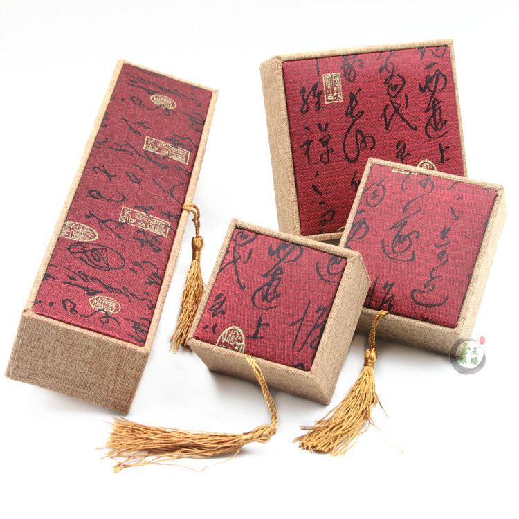 Retro Style Antique Calligraphy Jewelry Tassel Linen Box Ring Pendant Bracelet Box Bracelet Box Bracelet Box