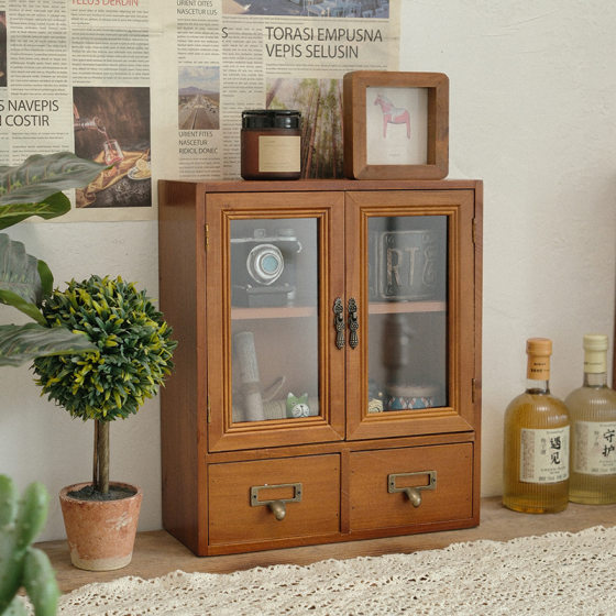 Vintage Solid Wood Tea Set Cup Storage Cabinet Dustproof Household Dining Table Rack Glass Desktop Cosmetic Storage Box