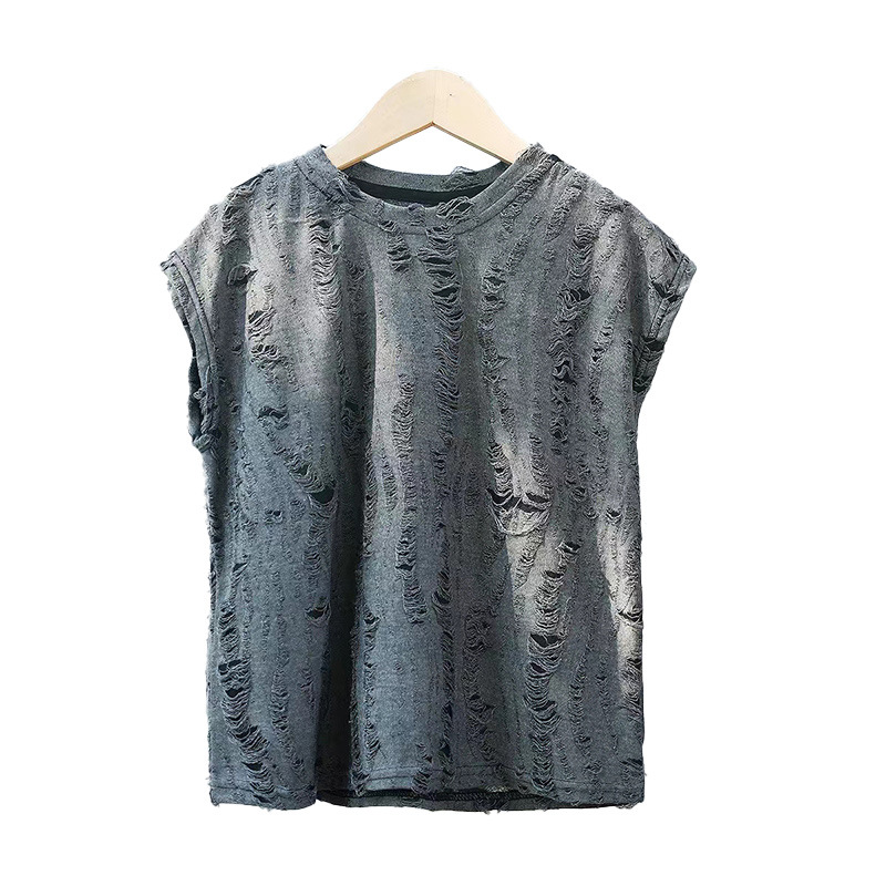 2024 nueva ropa para niños chaleco para niños retro agujero niño estilo occidental chaleco sin mangas camiseta suelta ropa para niños al por mayor