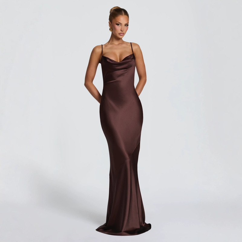 2026 European and American French-style light luxury silk evening dress for women with thin straps, off-the-shoulder neckline, and waist-cinching satin dress 2026 European and American French-style light luxury silk evening dress for women with thin straps, off-the-shoulder neckline, and waist-cinching satin dress