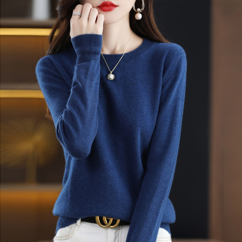 Nuevo otoño temprano cuello redondo 100 suéter de lana de las mujeres de moda simple flojo adelgazar punto manga larga que basa la camisa suéter de las mujeres