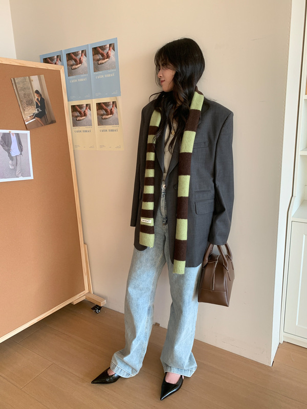 秋冬のカラー韓国版ニット毛糸y2k長条の細くて狭い色合わせのリボンのギャルのドーパミンのマフラー|undefined