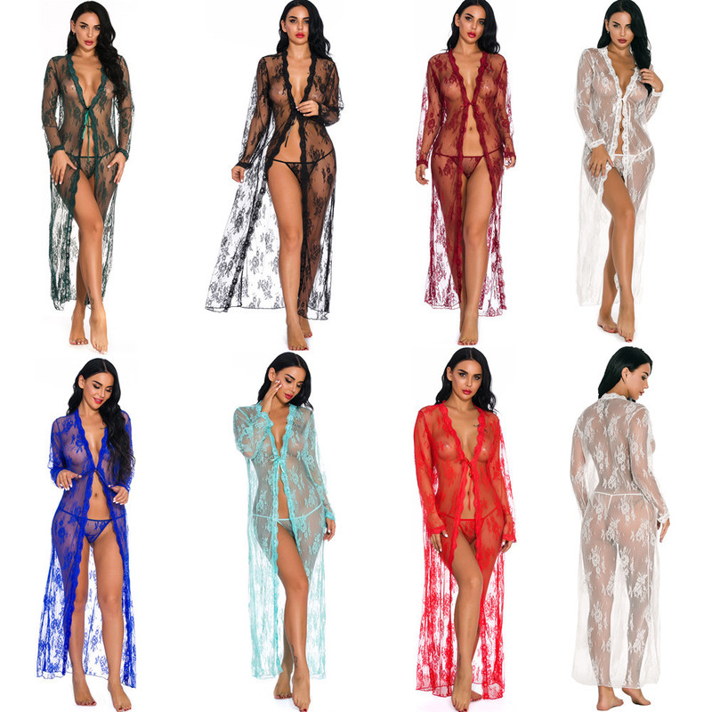 European and American Travel and Vacation Lingerie, Long Lace Dress, See-Through Kimono Robe, Long-Sleeved Sexy Nightgown
