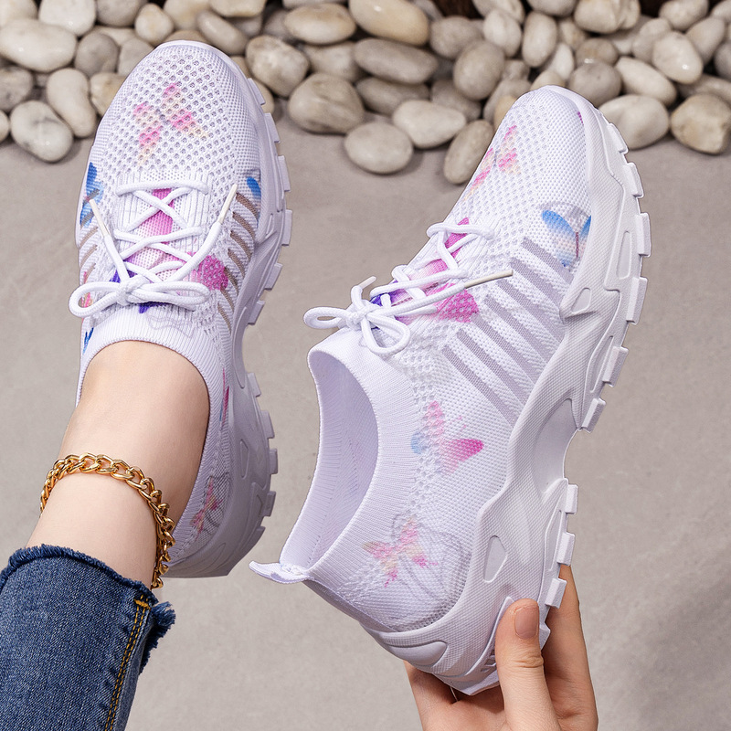Cross-Border Women's Shoes, European and American Style, Height-Increasing Casual Shoes, Butterfly Pattern Fly-Knit Single Shoes, Temu Sneakers, Thick-Soled Dad Shoes