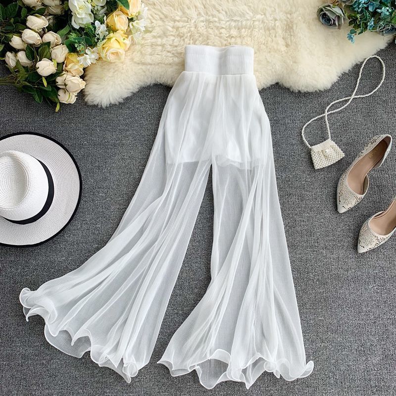 New Women's Summer Wide-Leg Pants with Ruffled Fishtail Flared Pants, Elastic Waist, Pleated Fashionable Internet Celebrity Air-Conditioned Pants