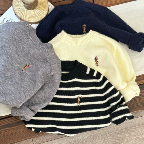 Children's sweater  autumn and winter new boys and girls embroidery casual striped knit sweater Korean style wool sweater trendy
