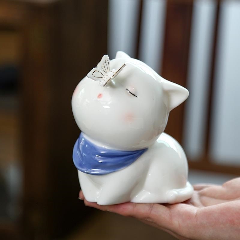 白瓷茶宠摆件手工精品茶玩小猫咪茶具饰品可养可爱卡通茶桌工艺品