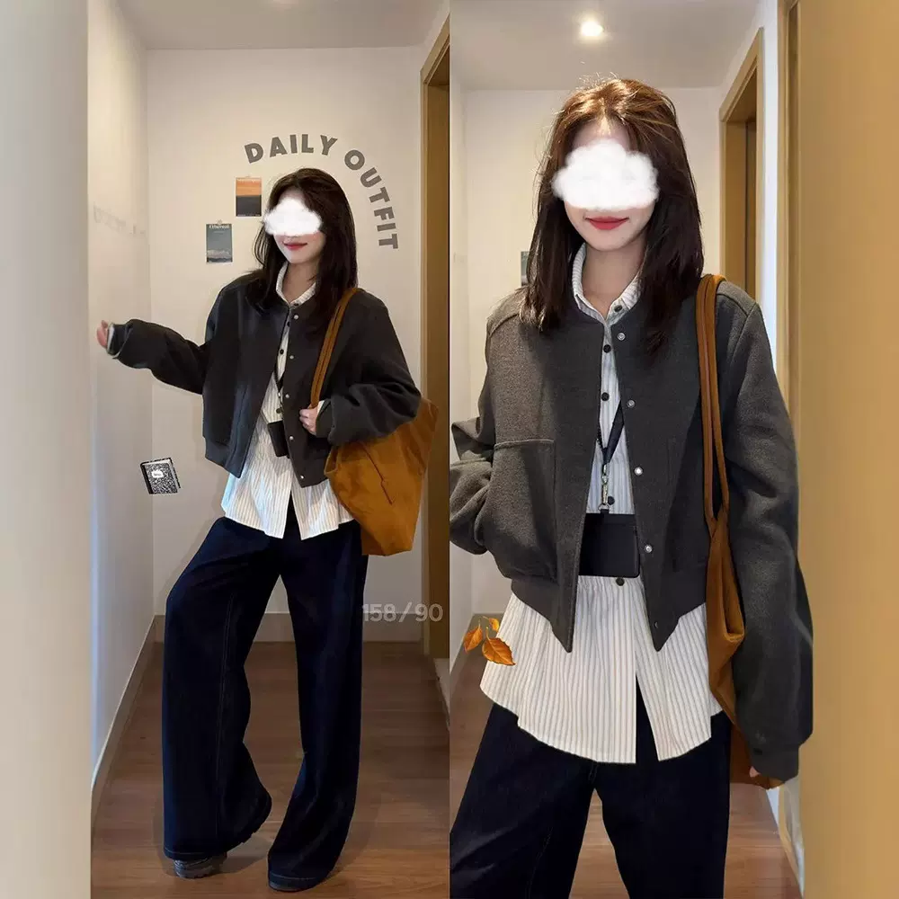 正肩短款外套女秋棒球服夹克韩系chic别致上衣秋冬套装穿搭女装