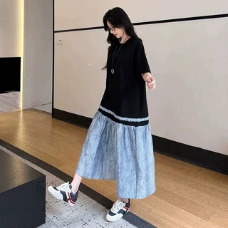 设计感印花拼接撞色连衣裙胖MM特大码300斤宽松遮肚显瘦鱼尾裙夏