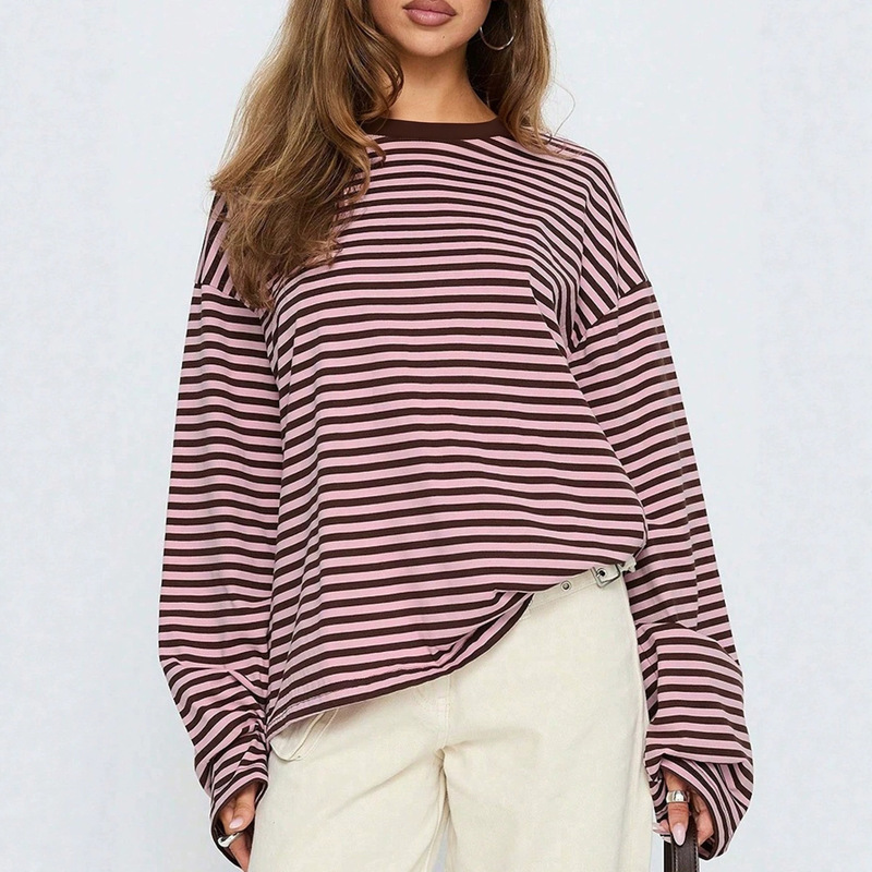2026 Amazon New Striped Long-Sleeved T-Shirt Women's Loose Round Neck Contrast Color Bottoming Shirt Spring & Fall Casual Top 2026 Amazon New Striped Long-Sleeved T-Shirt Women's Loose Round Neck Contrast Color Bottoming Shirt Spring & Fall Casual Top