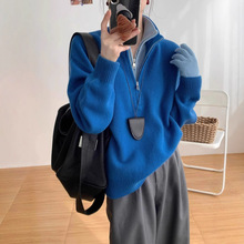 YUNSHU纯色慵懒风撞色假两件拉链套头毛衣女舒适软糯保暖针织衫