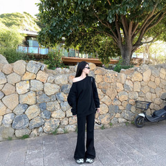 小君君布兰妮 露思套装/斜肩宽松卫衣+高腰显瘦微喇裤王炸套装女