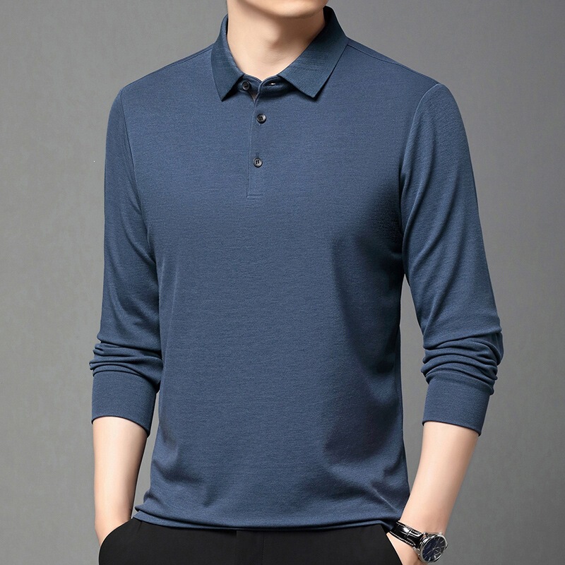 High-end men's spring/autumn thin long-sleeve t-shirt, versatile business casual top, collared wool men's polo shirt
