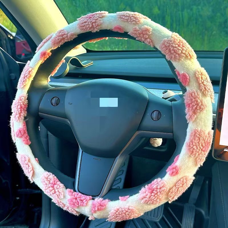 Car Steering Wheel Cover Winter Short Velvet Women's Handlebar Cover Warm Jacquard Plush Flower Winter High-End Handlebar Cover