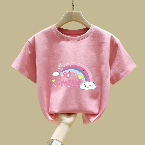 2414# Girls Rainbow Half-Sleeve Summer Medium and Large Children's Short-Sleeve Pure Cotton T-shirt School Uniform Children's Clothing Boys Cartoon T-shirt