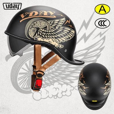 Summer electric car helmet retro Motosiklet kaskı (dəbilqə) - matte-black-gold-wings-m-head-circumference-52-54cm-transparent-black-tea-lenses