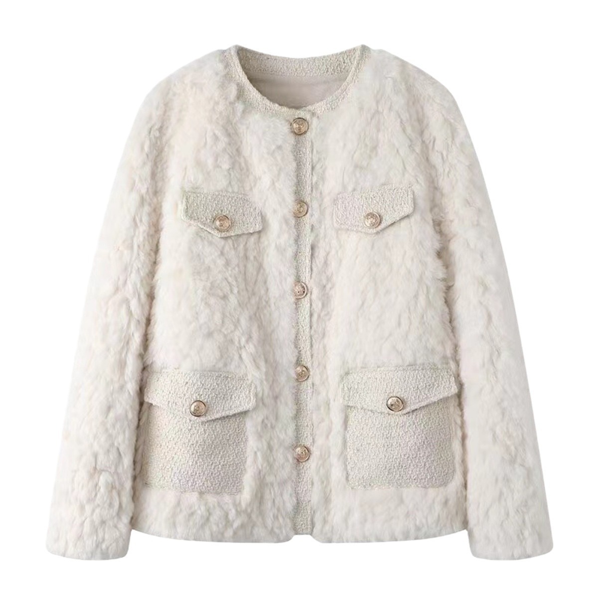 Autumn and Winter new Chanel style stitching young plush short lamb fur environmental protection faux fur coat for women