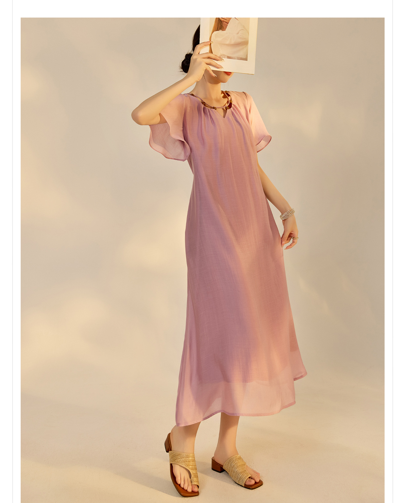 Đầm maxi nữ thắt eo tay lá sen chất Tencel phong cách dân tộc — Taro màu tím chi tiết 9