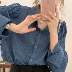 法式复古蓝色褶皱休闲时尚衬衫女设计感春秋宽松长袖港风衬衣潮