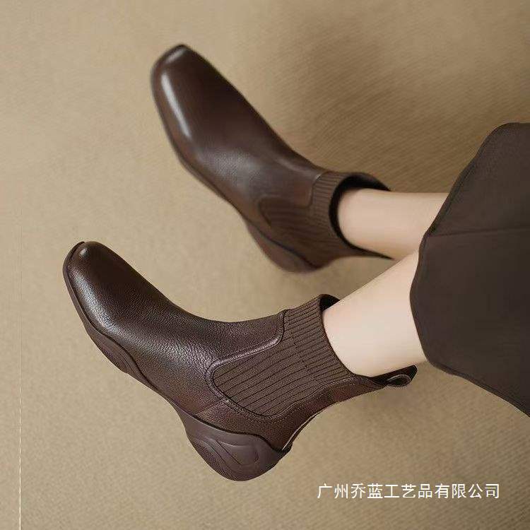 Clearance Soft Sole Leather Ankle Boots for Women 2025 New Style Bare Boots Stretch Sock Boots Slim Chelsea Boots