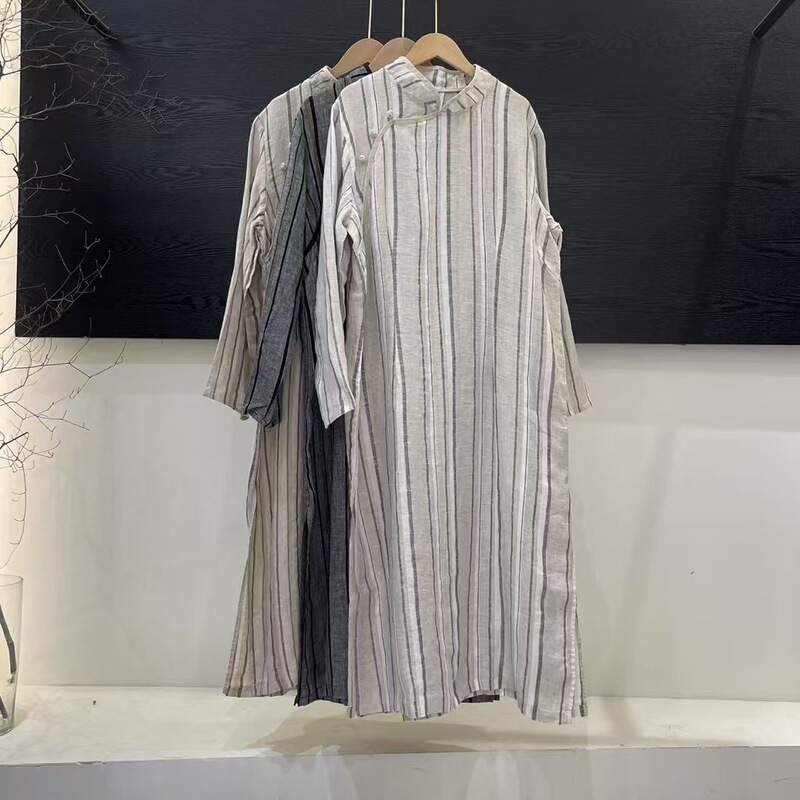 Spring 2025 New Linen Dress with Stand Collar, Vintage Vertical Stripes, Buttoned Long-Sleeve Cheongsam Tea Dress, Loose Fit