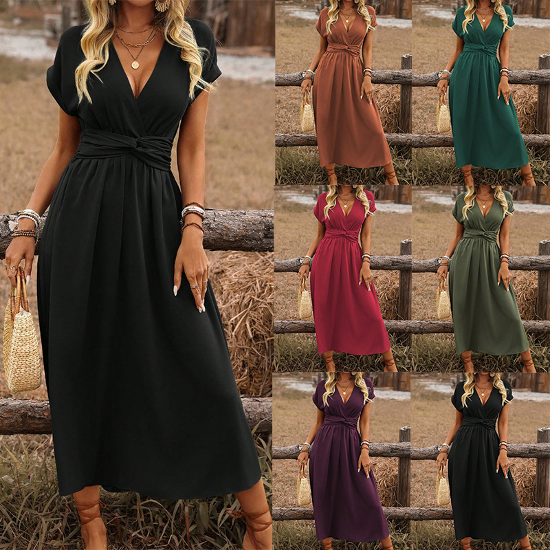 2025 European and American Women's Summer Solid Color Waist-Cinching V-Neck Batwing Sleeve Ruched Waist Long Elegant Dress Women's Clothing 2025 European and American Women's Summer Solid Color Waist-Cinching V-Neck Batwing Sleeve Ruched Waist Long Elegant Dress Women's Clothing