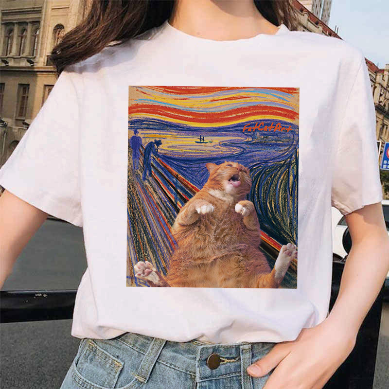 [Van Gogh Cat Women T Shirt Art Oil Painting Lattice Print Ne]