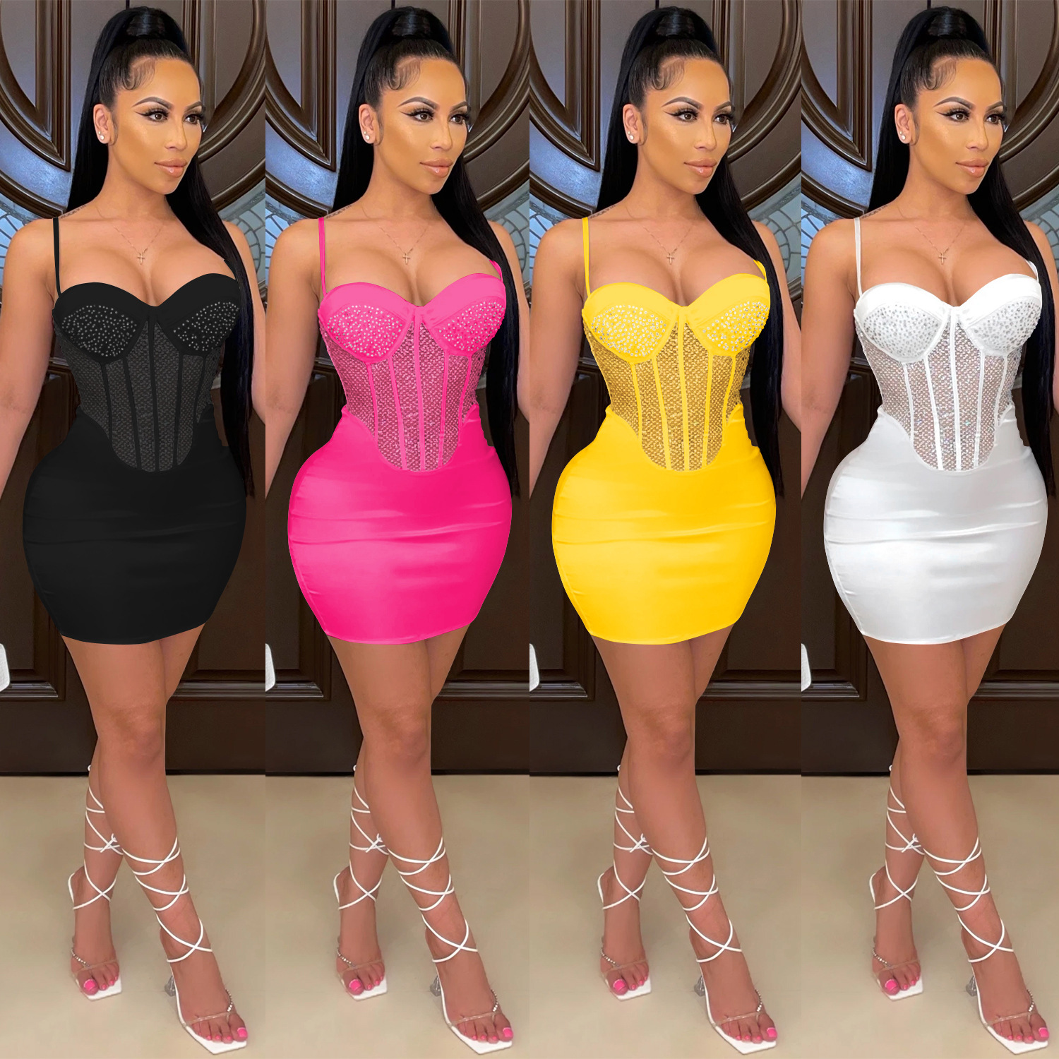 X5132 transfronterizo nuevo deseo AliExpress Amazon sexy Sling envuelto pecho malla caliente rhinestone color sólido vestido de una sola pieza image 2