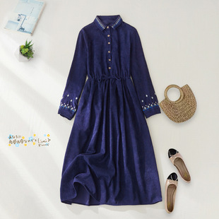 2025 Spring New Style Loose Retro Embroidered Lace-Up Waist Slimming Mid-Length Corduroy Dress for Women