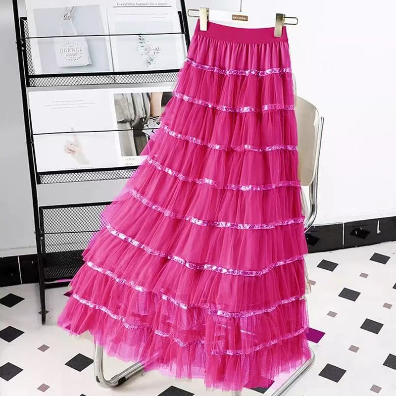 Sweet Sequined Mesh Splicing A-Line Cake Skirt for Women 2025 Autumn and Winter New High-Waist Slim Mid-Length Skirt Sweet Sequined Mesh Splicing A-Line Cake Skirt for Women 2025 Autumn and Winter New High-Waist Slim Mid-Length Skirt