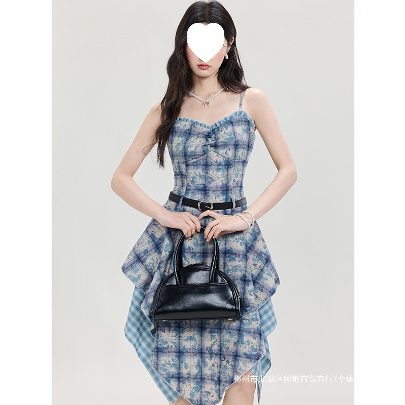 跨境美式蓝色扎染格子吊带连衣裙女夏季新气质规则中长裙子