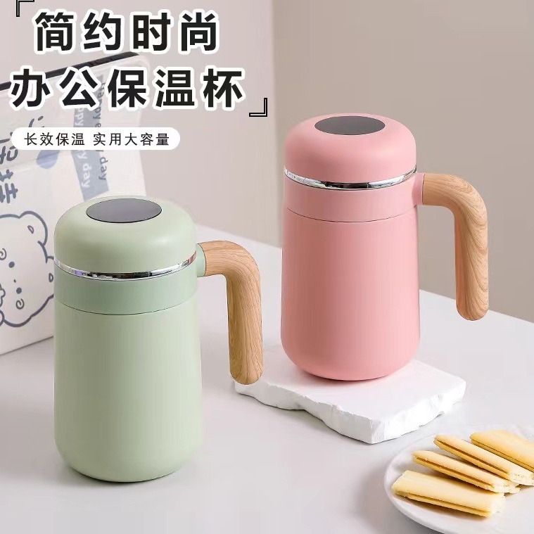 머그컵 온도 표시 보온병 컵 스테인레스 스틸 여성용 뚜껑이 있는 고급스러운 핸들 차 커피 사무실