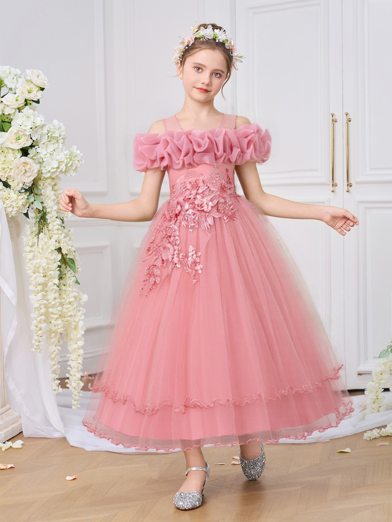 Europa y América vestidos de niñas nuevos vestidos de boda de hombro de flores de cuentas de niños vestidos de princesa vestidos de fiesta de niñas