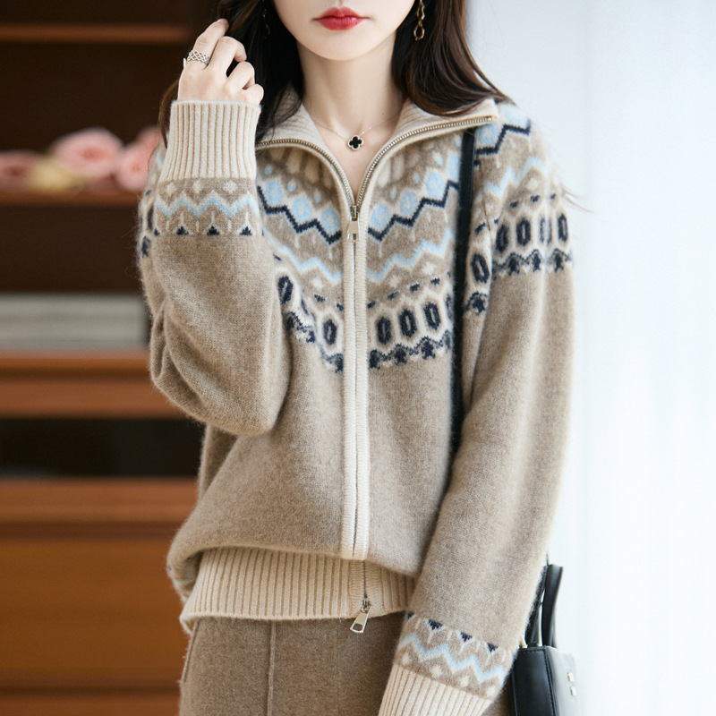 费尔岛提花山羊毛开衫女厚款针织毛衣外套减龄2025秋冬女装上衣新|undefined