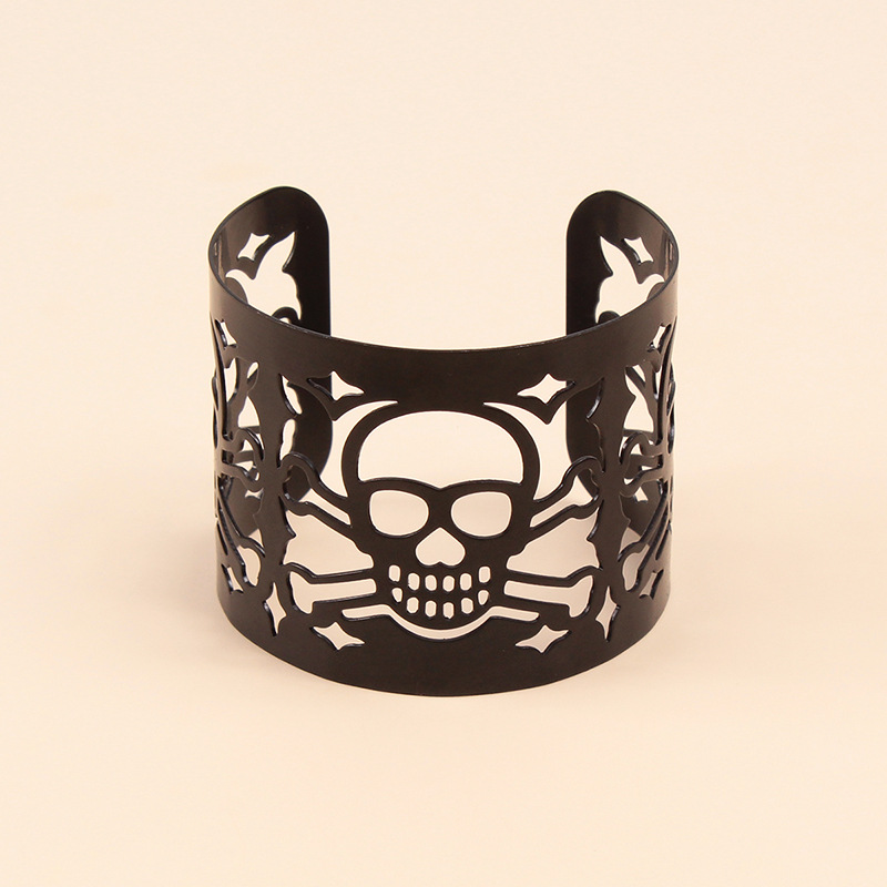 Bracelet en métal personnalisé avec tête de mort, bracelet large à manchette noire rétro punk pour Halloween_voghion.com