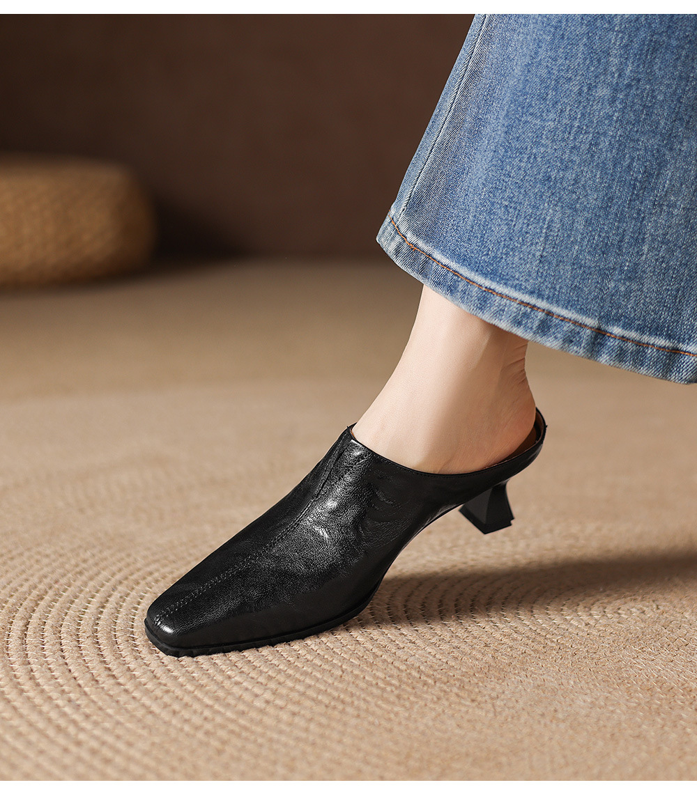 Sandal nữ bít mũi cao gót thô 5 cm, da bò mùa xuân hè — đen chi tiết 17