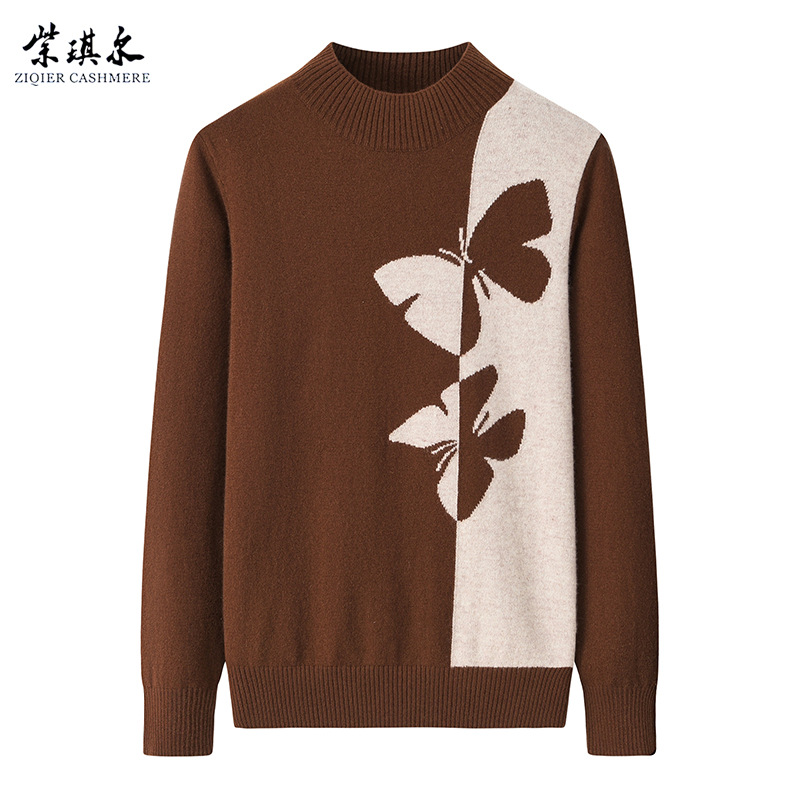 秋冬新款大码女装半高领宽松中老年妈妈装蝴蝶提花纯山羊绒毛衣