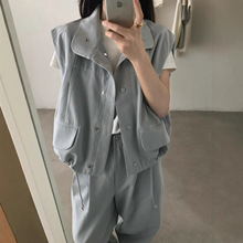 秋上新【single well】意法工装立领排扣无袖马甲背心+裤子套装