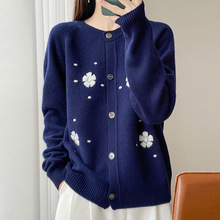 2025秋冬新款100%纯羊毛圆领开衫女重工刺绣针织外套上衣百搭毛衣