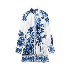 跨境外贸女装2025春季新款休闲气质印花腰部长袖连衣裙