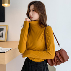 モーダルハーフタートルネックボトリングシャツ女性のための 2025 秋と冬の新しいスリムフィットプラスベルベットインナー長袖黒 Tシャツトップ