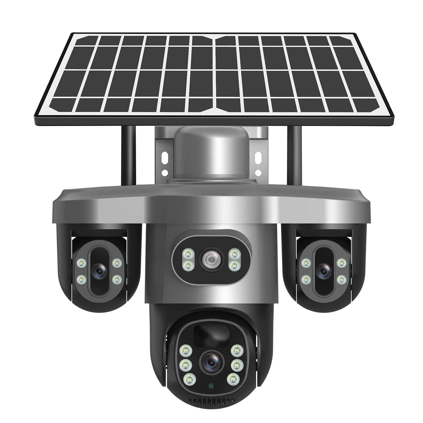三摄像头三镜头三目太阳能监控摄像头三云台旋转4G低功耗防水无