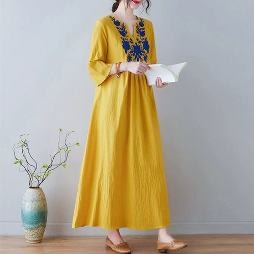 Embroidered cotton and linen maxi dress for plus-size women, seven-armhole collar, covers the abdomen, long length, imitation linen word dress