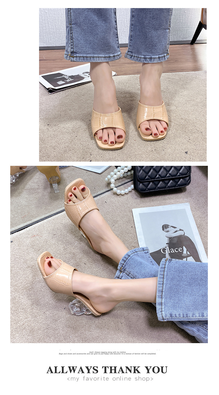 one-word square-toed high-heeled open toe slippers NSYBJ132017