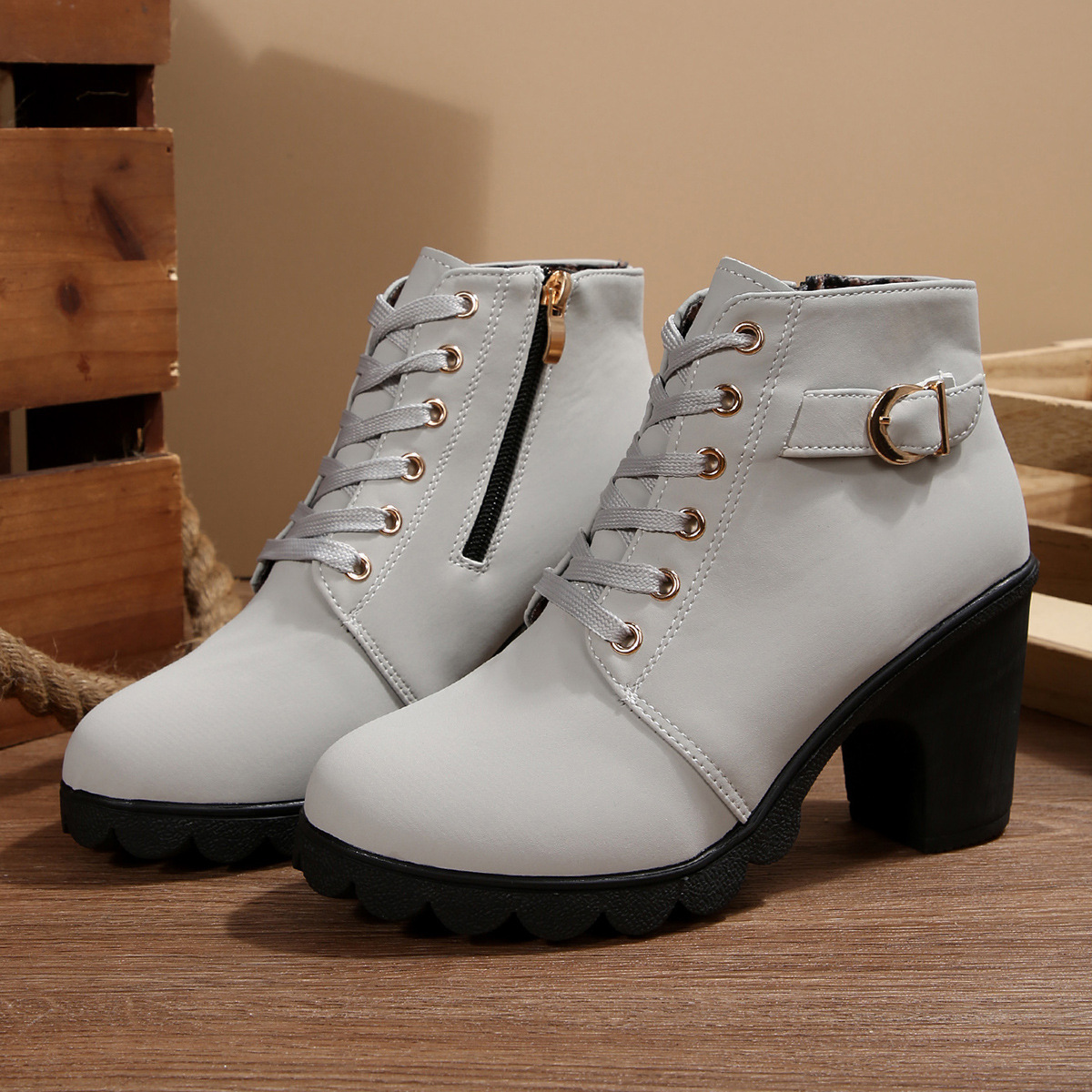 ShoeVault Women's Leather Low-Cut Chunky Round Toe High Heel Lace-Up Brown Ankle Boots Spring Autumn Plus Size Height Increasing_vogvips.com